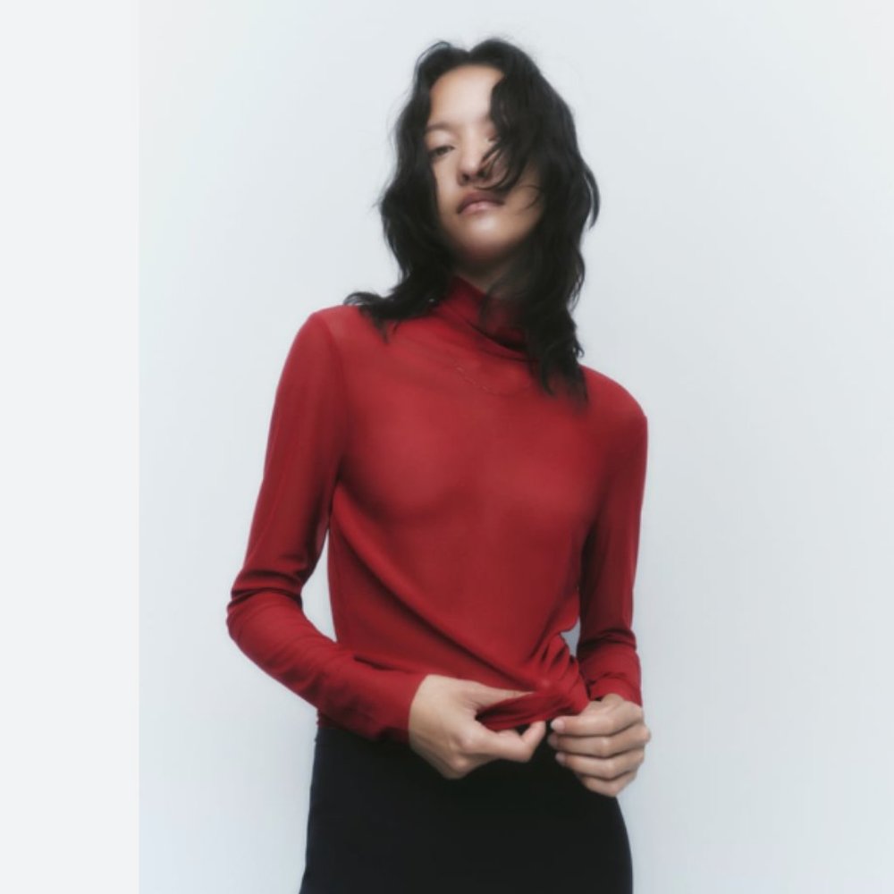 NWT ZARA HIGH NECK T-SHIRT  Semi-sheer top Small Maroon